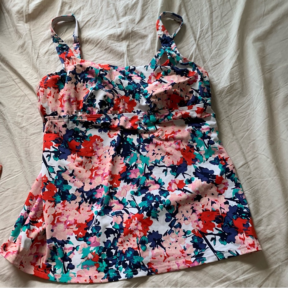 Lands End Womens Floral Tankini Top Pink Navy Swim Size 8